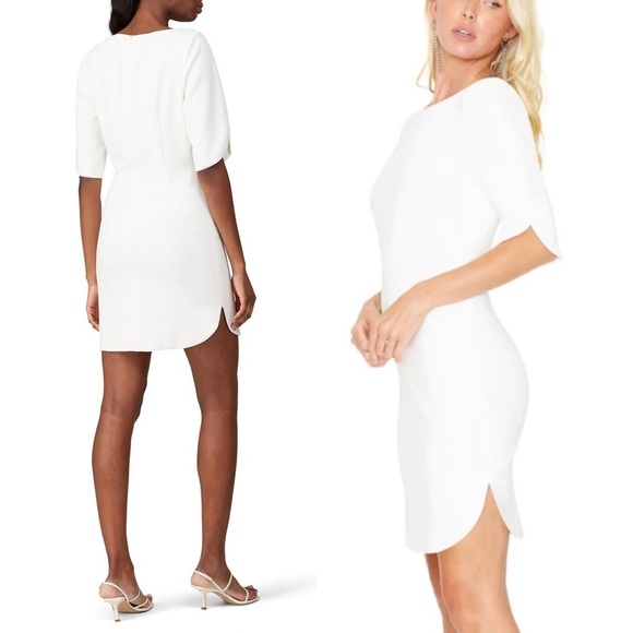 BLACK HALO Ivory Stretch Viscose Blend Short Sleeve Boatneck Sheath Dress 12 - Picture 7 of 11